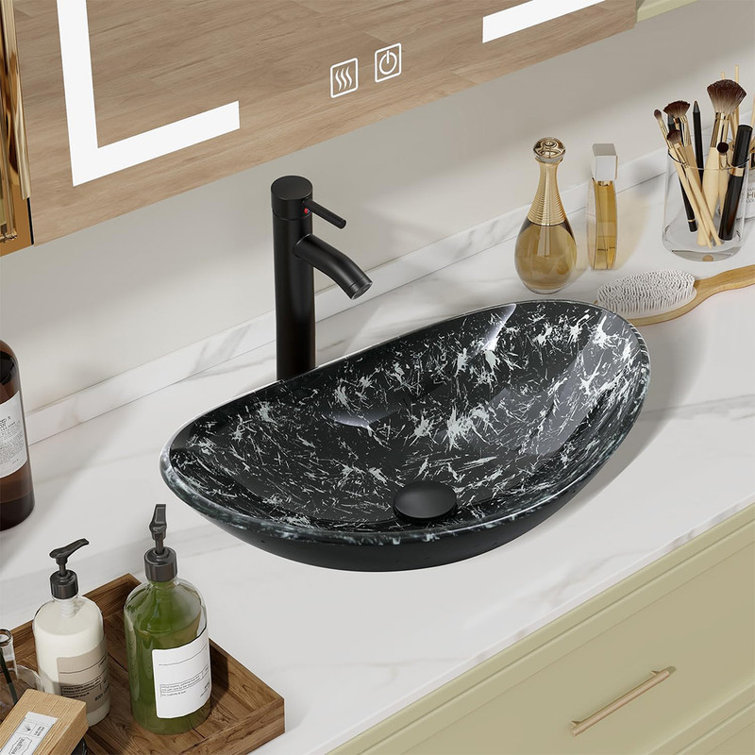 Minoky Boat Shape Bathroom Artistic Tempered Glass Vessel Sink with